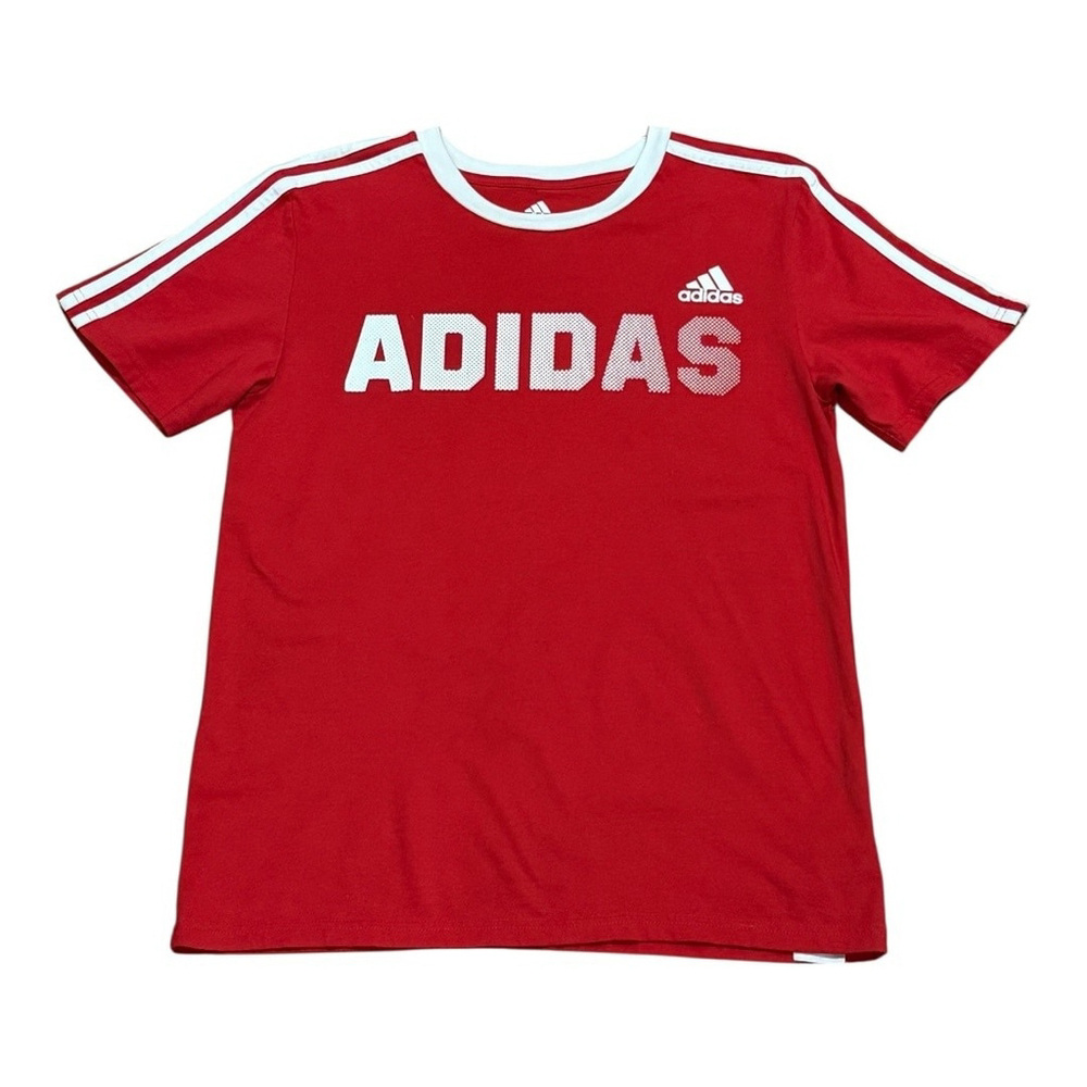 Adidas Shirt Boys XL Red White Three Stripes Spell Out Logo Athletic Tee Cotton
